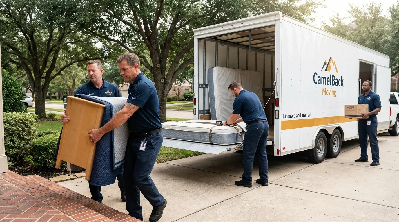 Crew loading residential truck for cross-state move from Mastic, NY