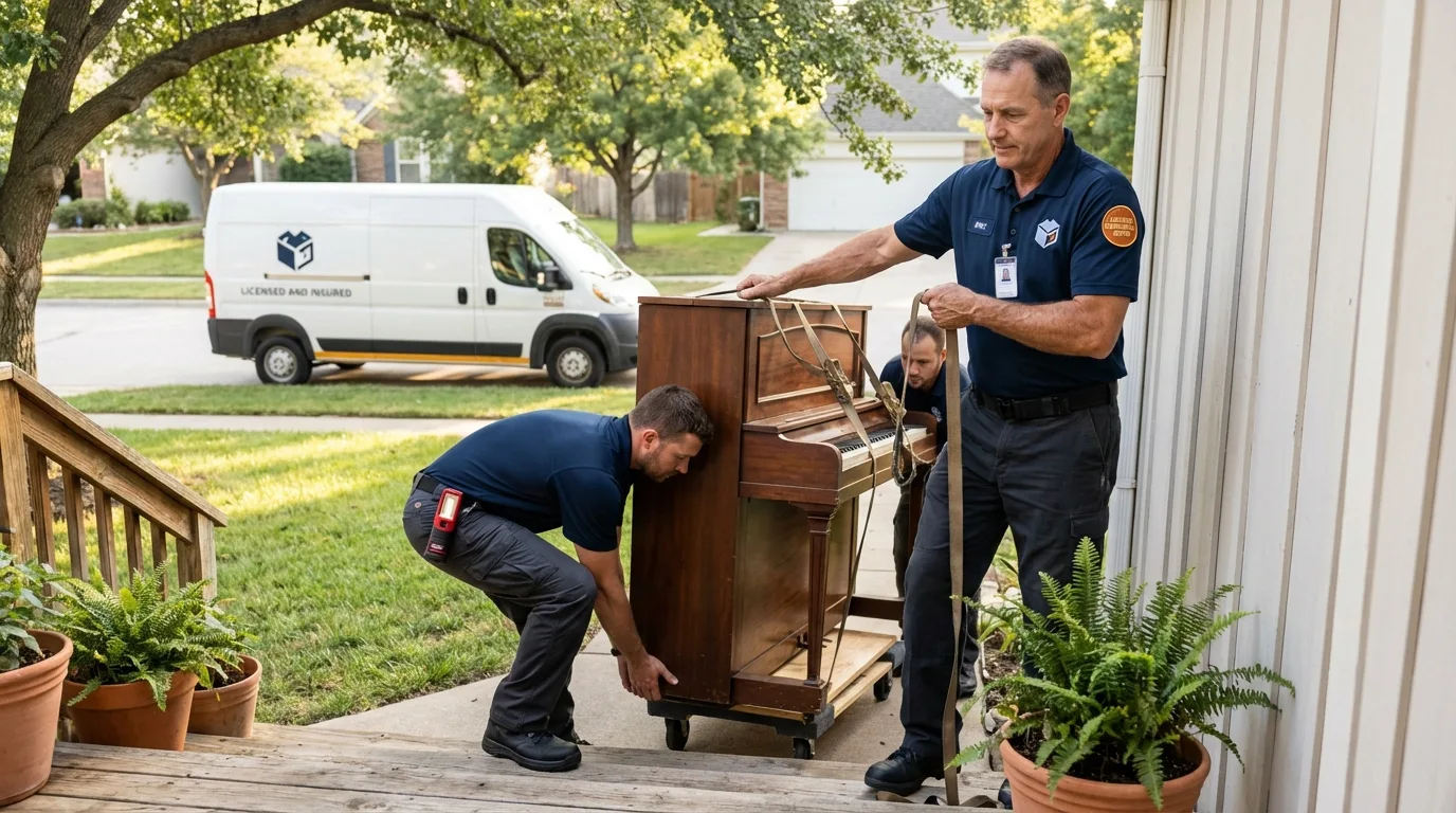 Licensed piano movers securing grand piano in Mastic, NY