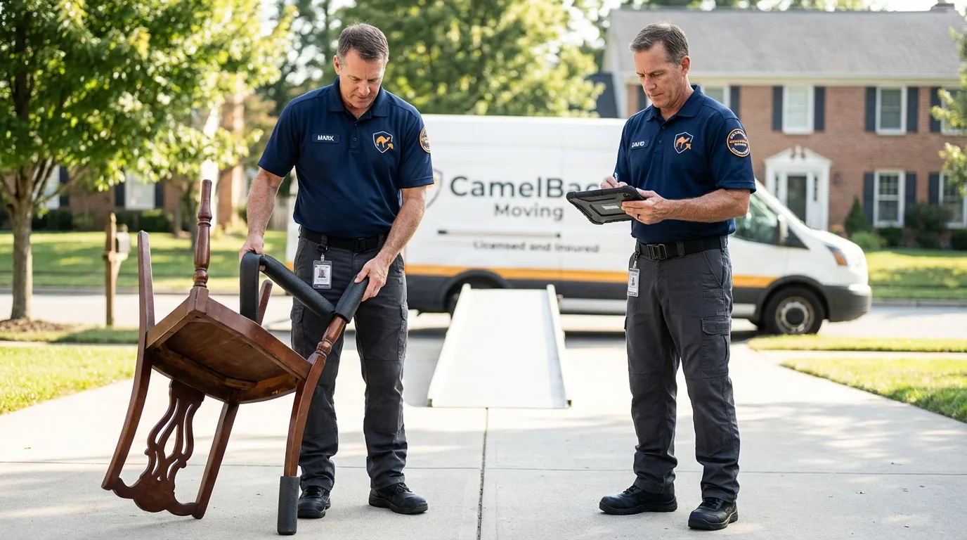 Movers inspecting furniture for damage prevention before loading in Mastic, NY