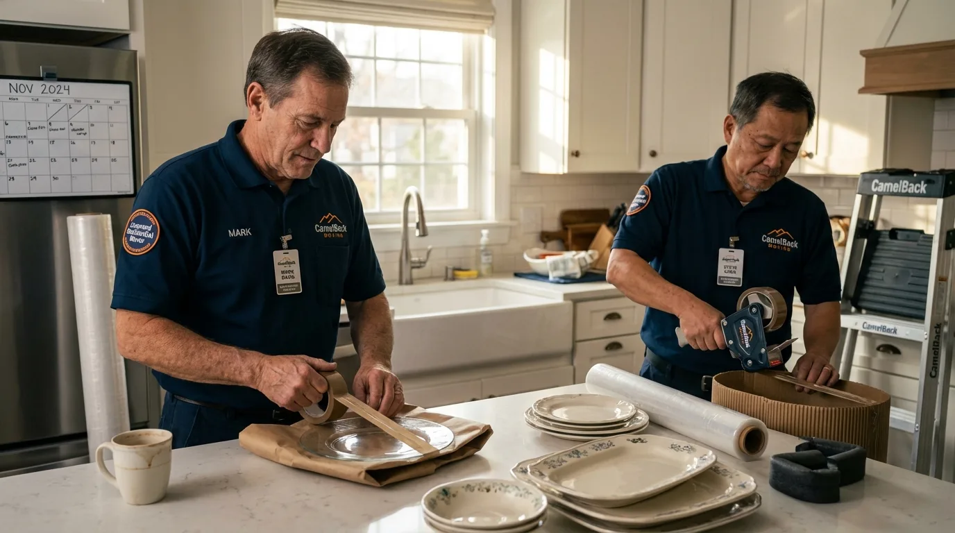 Professional crew packing kitchen dishware in Mastic, NY
